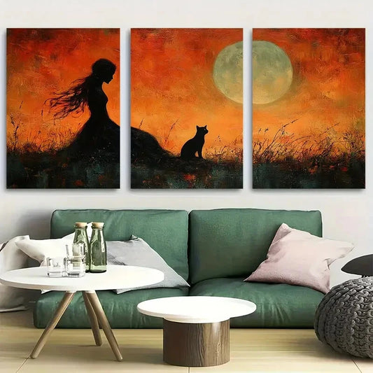 3pcs Mystical Witch Silhouette with Cat in Autumn Metal Print Ready to Hang Art