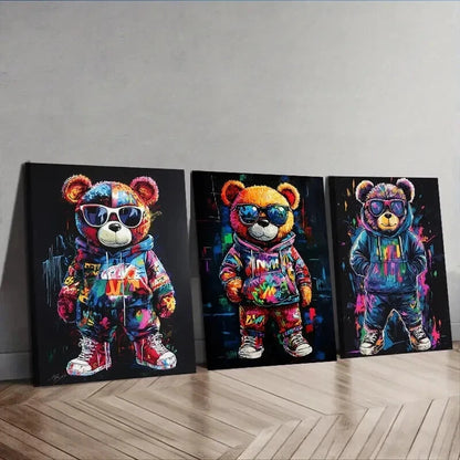3pcs Featuring a Teddy Bear Adorned Solely  Wall Art Set Canvas Framed 50x70cm - High Quality Print 100% Australian Made Wall Canvas Ready to Hang