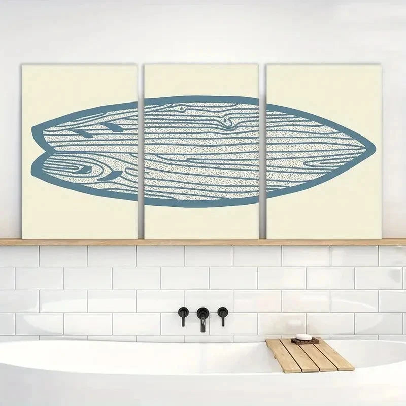 3pcs Blue Watercolor Line Surfboard Painting Metal Print Ready to Hang Art