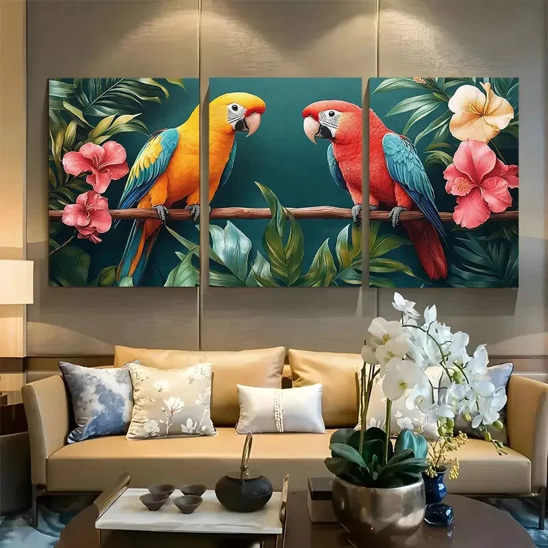 3pcs Colorful Tropical Parrot Design Metal Print Ready to Hang Art