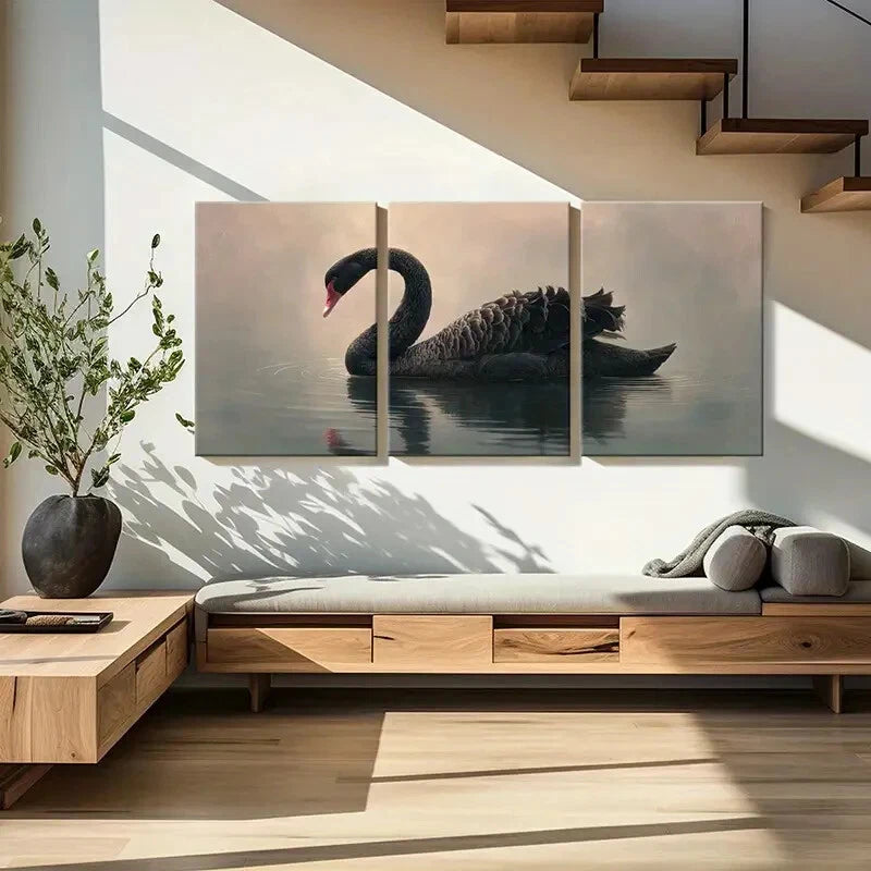 3pcs Black Swan Graceful Pose Water Reflection Metal Print Ready to Hang Art
