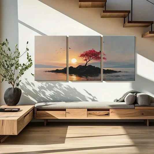 3pcs Sunset Solitude Red Tree Rocky Island Metal Print Ready to Hang Art