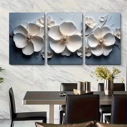 3pcs , White Floral Painting Metal Print Ready to Hang Art
