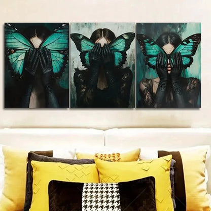 3pcs The woman with the green butterfly Wall Art Set Canvas Framed 50x70cm - High Quality Print 100% Australian Made Wall Canvas Ready to Hang