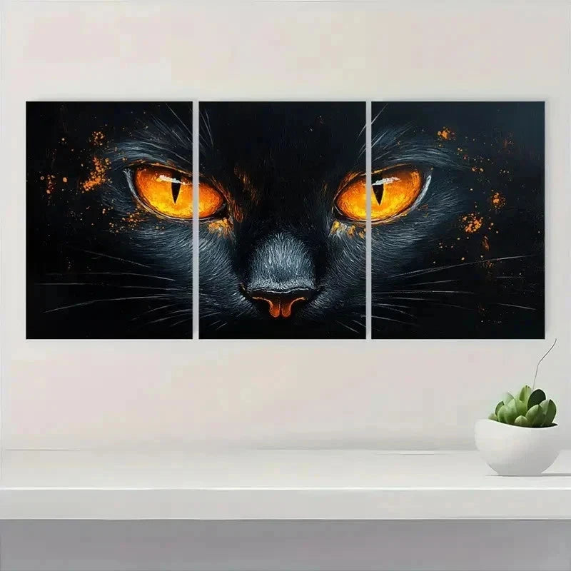 3pcs Whimsical Black Cat Orange Eyes Metal Print Ready to Hang Art