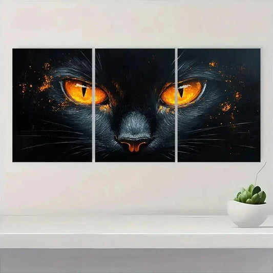3pcs Whimsical Black Cat Orange Eyes Metal Print Ready to Hang Art