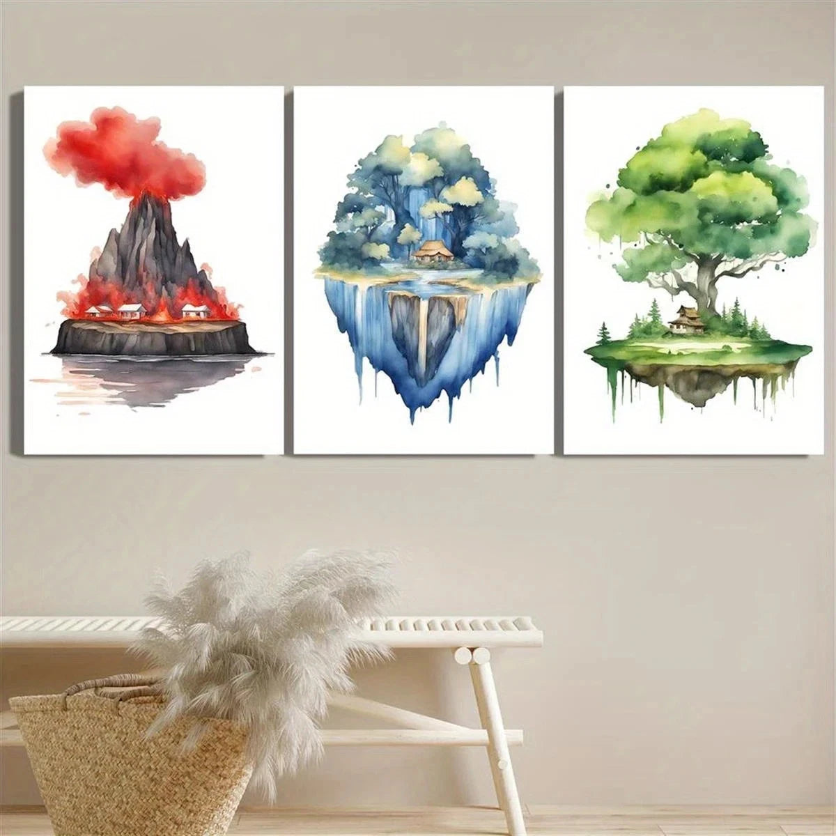 3pcs Elements Fire Water Earth Zen Metal Print Ready to Hang Art