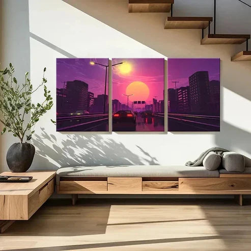 3pcs Vibrant Cityscape with Cars & Streetlights Wall Art Canvas Unframed - High Quality Print 100% Australian Made Wall Canvas
