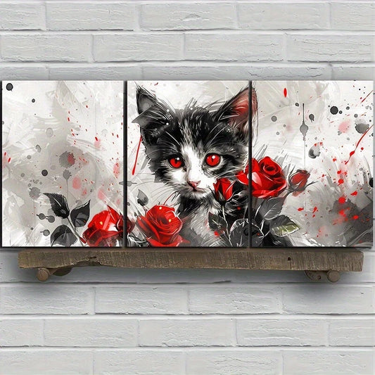 3pcs Cat and Red Roses Stunning Red Eyes Metal Print Ready to Hang Art