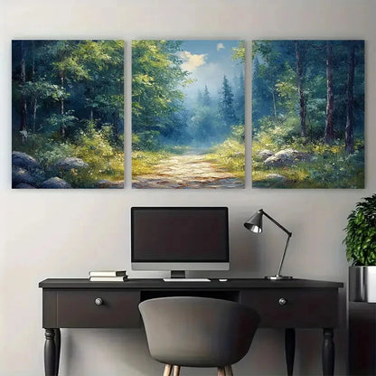 3pcs Green Forest Landscape with Pathway Metal Print Ready to Hang Art