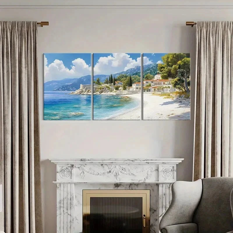 3pcs Seaside Mediterranean Mountain View Metal Print Ready to Hang Art