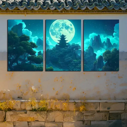 3pcs Ancient Pagoda Landscape, Full Moon Night Metal Print Ready to Hang Art