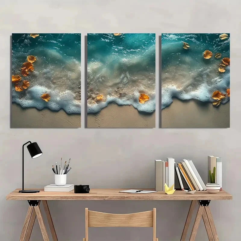 3pcs Beach Waves Ocean Sand Design Metal Print Ready to Hang Art