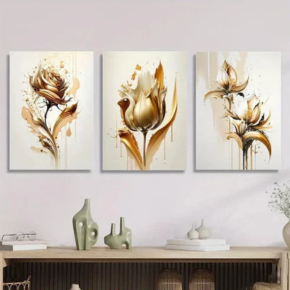 3pcs Golden Rose Abstract Concept Illustration Wall Art Set Canvas Unframed - High Quality Print 100% Australian Made Wall Canvas