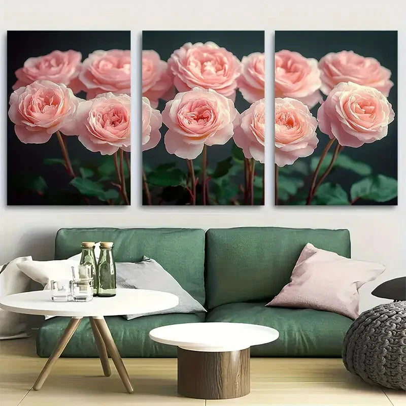 3pcs Vibrant Elegant Light Pink Rose Romantic Metal Print Ready to Hang Art