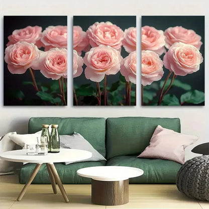 3pcs Vibrant Elegant Light Pink Rose Romantic Metal Print Ready to Hang Art