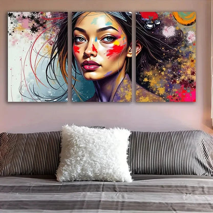 3pcs Vibrant Woman Portrait Spray Paint Artwork Wall Art Set Canvas Framed 60x90cm - High Quality Print 100% Australian Made Wall Canvas Ready to Hang