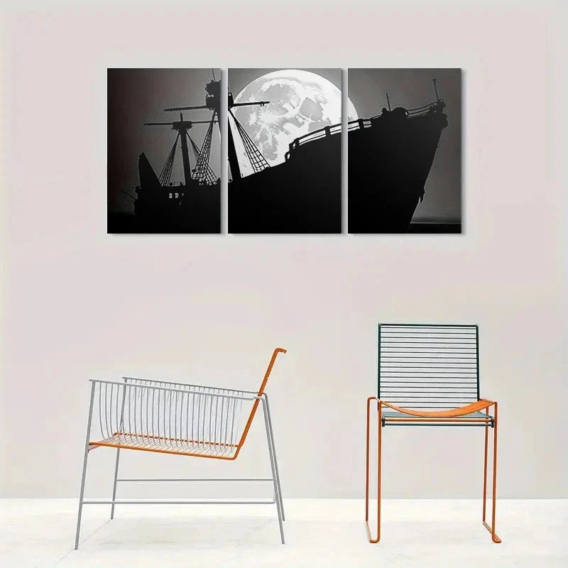 3pcs Black and White Ship Silhouette Full Moon Metal Print Ready to Hang Art