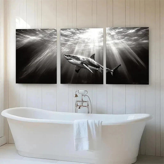 3pcs Monochrome Great White Shark Perfect Wall Art Set Canvas Framed 40x60cm - High Quality Print 100% Australian Made Wall Canvas Ready to Hang