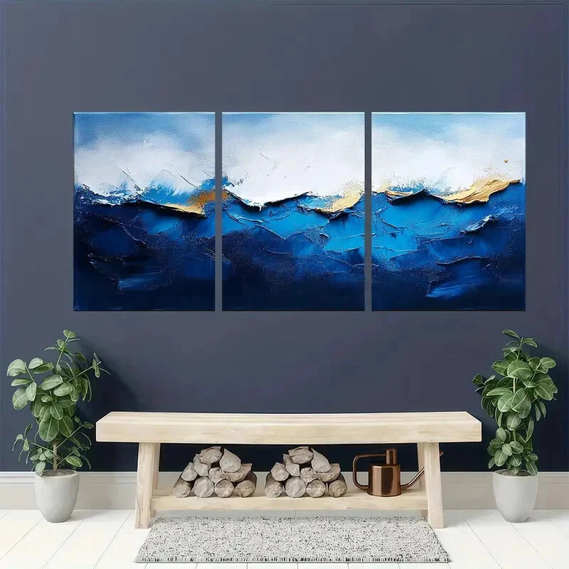 3pcs Blue Texture Abstract Minimalist Painting Metal Print Ready to Hang Art