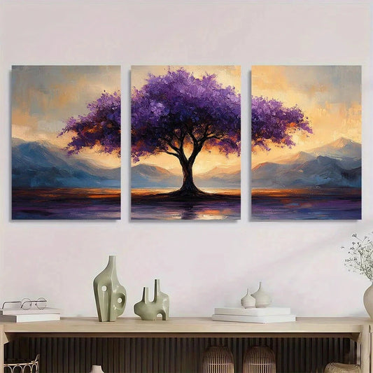 3pcs Modern Abstract Purple Flower Tree Metal Print Ready to Hang Art