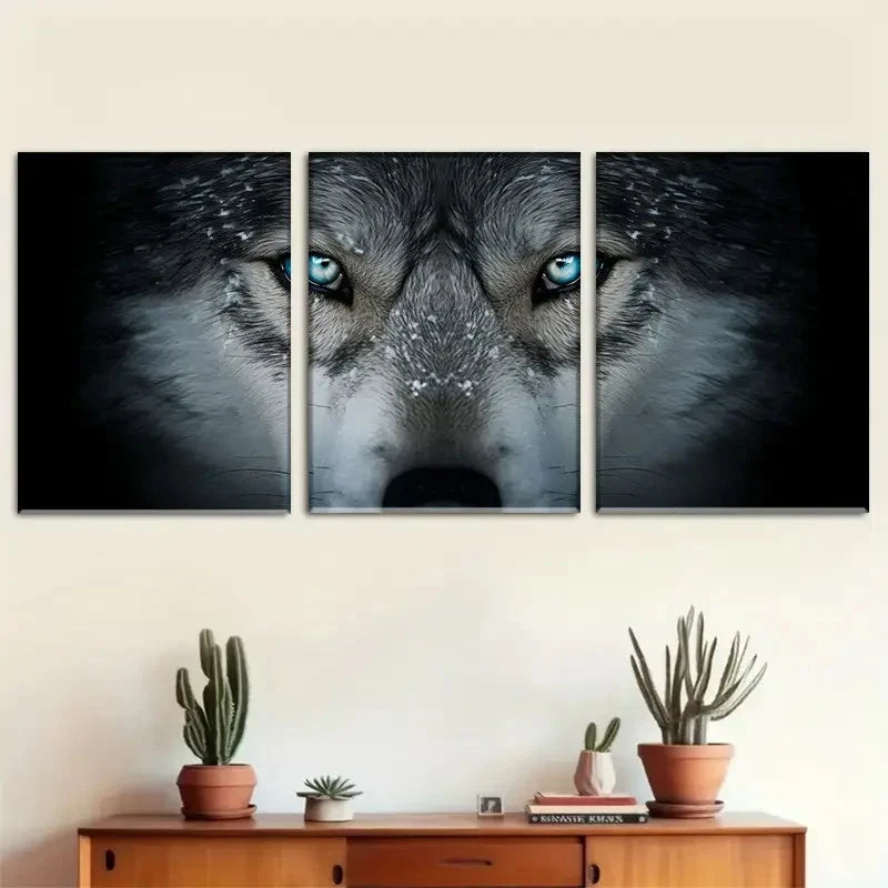 3pcs Wolf with Blue Eyes and Sharp Teeth Metal Print Ready to Hang Art