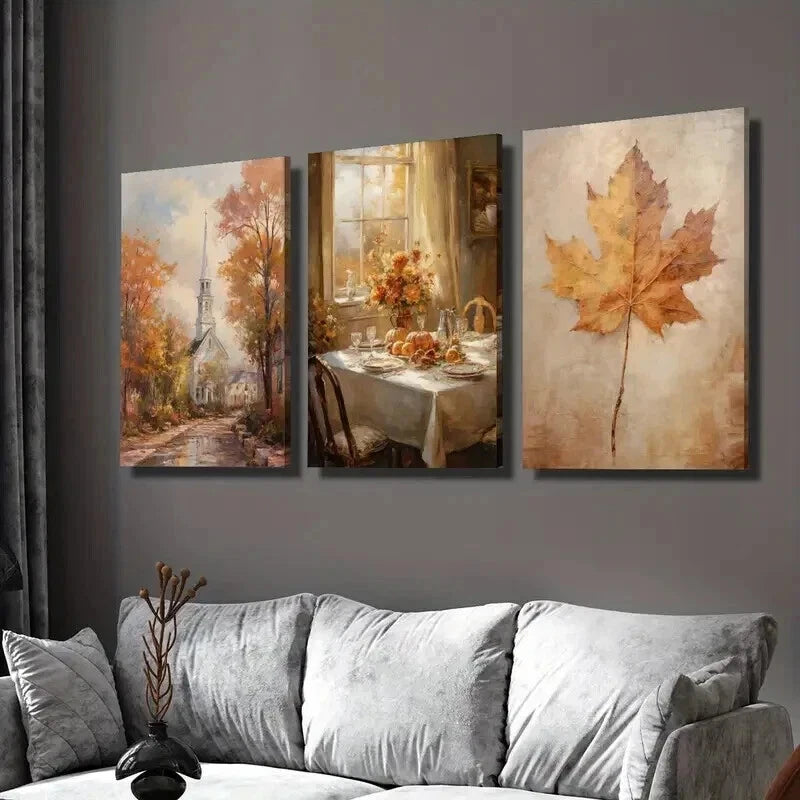 3pcs Autumn Leaves Town Landscape & Dinner Wall Art Set Canvas Framed 40x60cm - High Quality Print 100% Australian Made Wall Canvas Ready to Hang