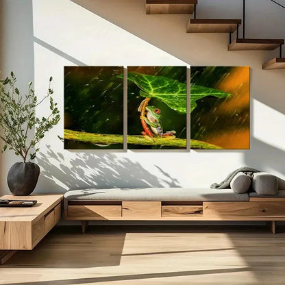 3pcs Frog Under Lotus Leaf to Protect From Rain Wall Art Set Canvas Framed 40x60cm - High Quality Print 100% Australian Made Wall Canvas Ready to Hang