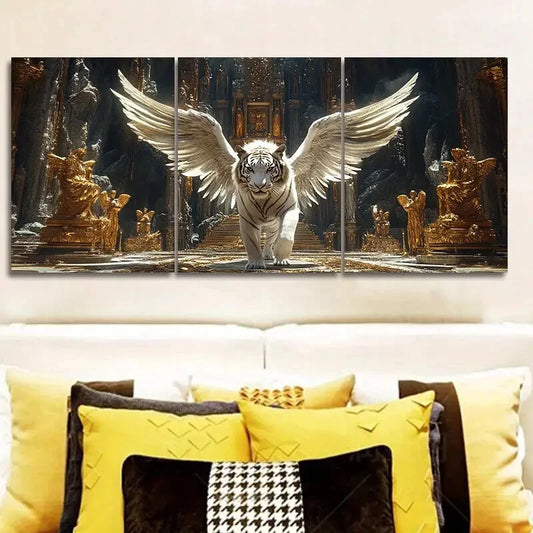 3pcs White Tiger with Angel Wings Classic Style Metal Print Ready to Hang Art