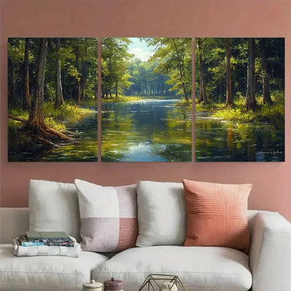 3pcs Nature Forest Swamp Trees Woods River Lake Wall Art Set Canvas Unframed - High Quality Print 100% Australian Made Wall Canvas