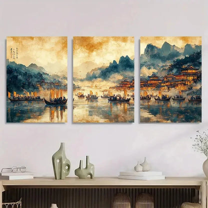 3pcs Asian Landscape with Boat Scene Metal Print Ready to Hang Art