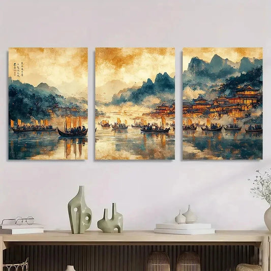 3pcs Asian Landscape with Boat Scene Metal Print Ready to Hang Art