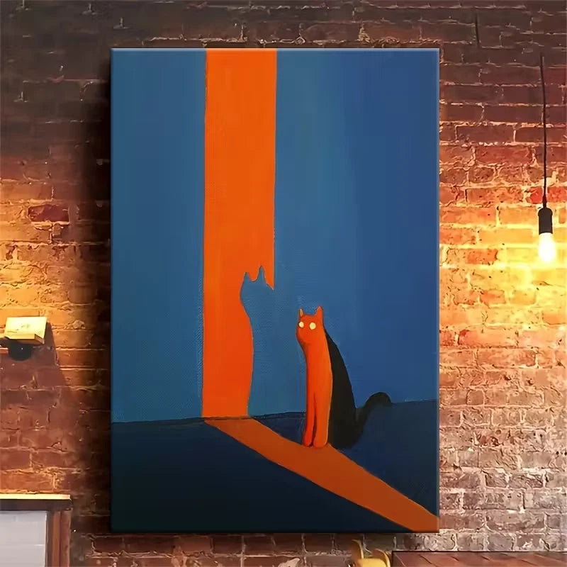 Blue-Orange Abstract Cat Silhouette 60x90cm Metal Print Ready to Hang