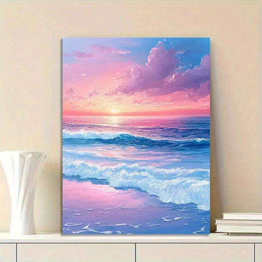Beautiful Beach with Pink And Blue Waves, Beautiful  40x60cm Metal Print Ready to Hang
