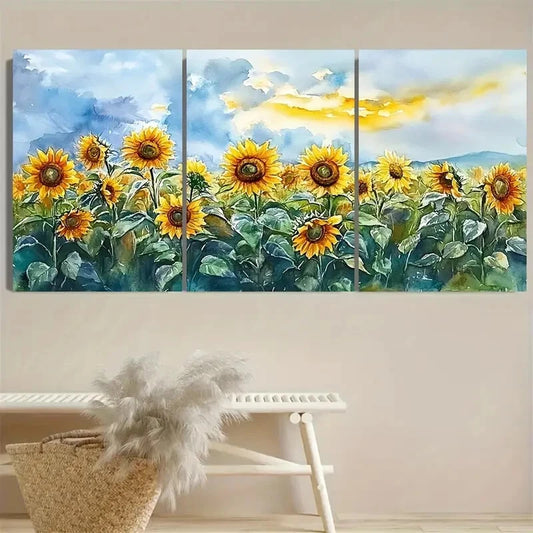 3pcs Vibrant Wild Sunflower & Blue Sky Landscape Metal Print Ready to Hang Art