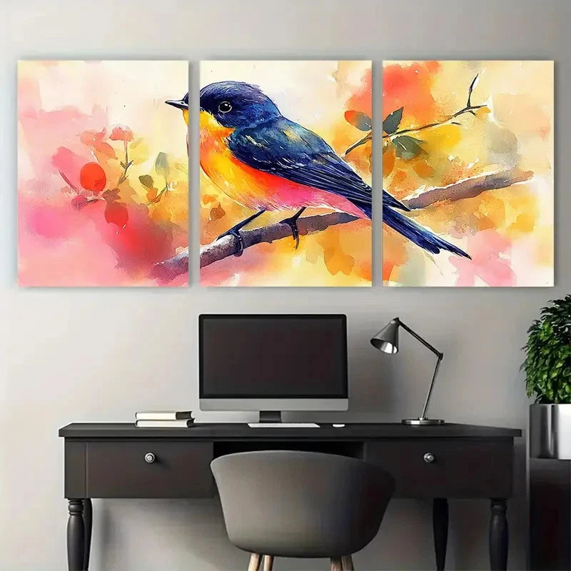 3pcs Vibrant Watercolor Bird Illustration Seasonal Metal Print Ready to Hang Art