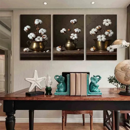 3pcs Golden Flower Vase White Florals Metal Print Ready to Hang Art