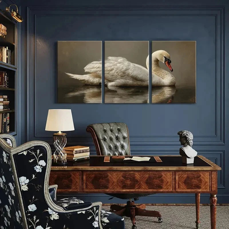 3pcs Elegant Water Swan Art White Feathers Metal Print Ready to Hang Art