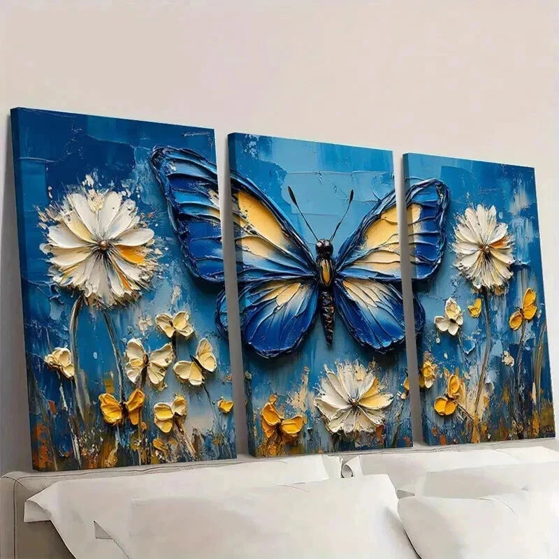 3pcs Blue Butterflies & Dandelion Flowers Wall Art Set Canvas Framed 40x60cm - High Quality Print 100% Australian Made Wall Canvas Ready to Hang