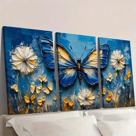 3pcs Blue Butterflies & Dandelion Flowers Wall Art Set Canvas Framed 40x60cm - High Quality Print 100% Australian Made Wall Canvas Ready to Hang