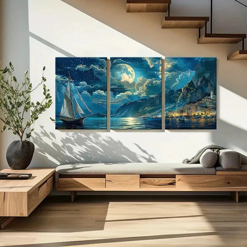 3pcs Moonlit Night Sailing Coastal Landscape Metal Print Ready to Hang Art
