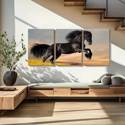 3pcs Black Horse Galloping Across a Grassy Field Wall Art Set Canvas Framed 40x60cm - High Quality Print 100% Australian Made Wall Canvas Ready to Hang