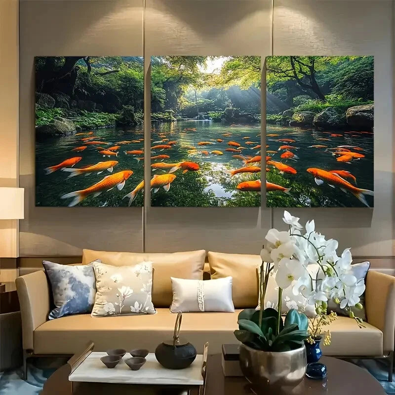 3pcs Japanese Zen Garden Sunlit Koi Pond Metal Print Ready to Hang Art