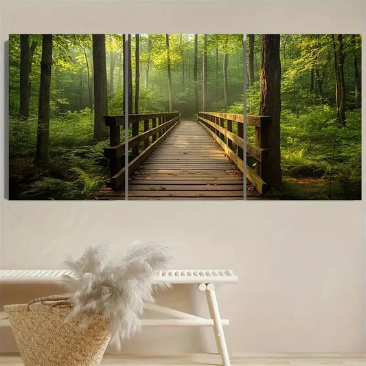 3pcs Rustic Wooden Walkway in Sunlit Greenery Metal Print Ready to Hang Art