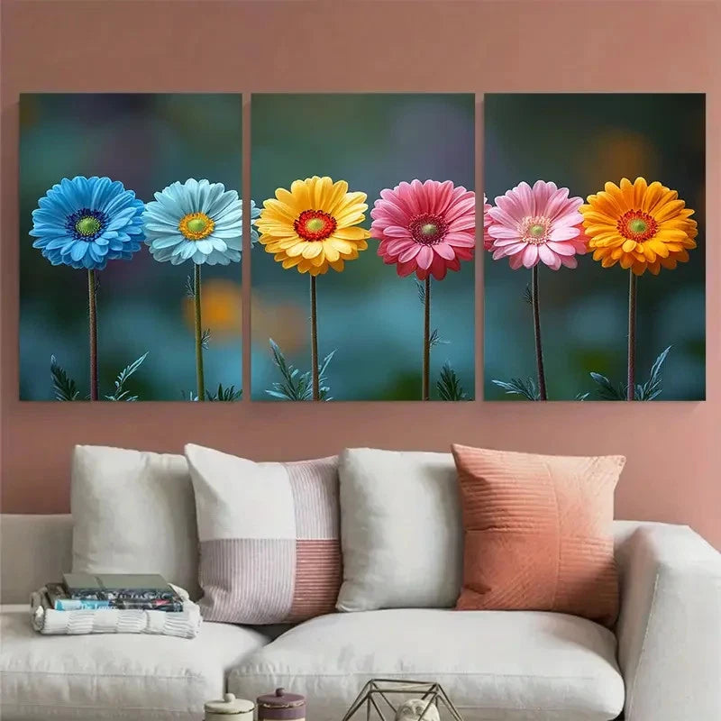 3pcs Vibrant Daisy Floral Illustration Metal Print Ready to Hang Art
