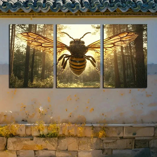 3pcs Vibrant Wasp in Forest Illustration Metal Print Ready to Hang Art