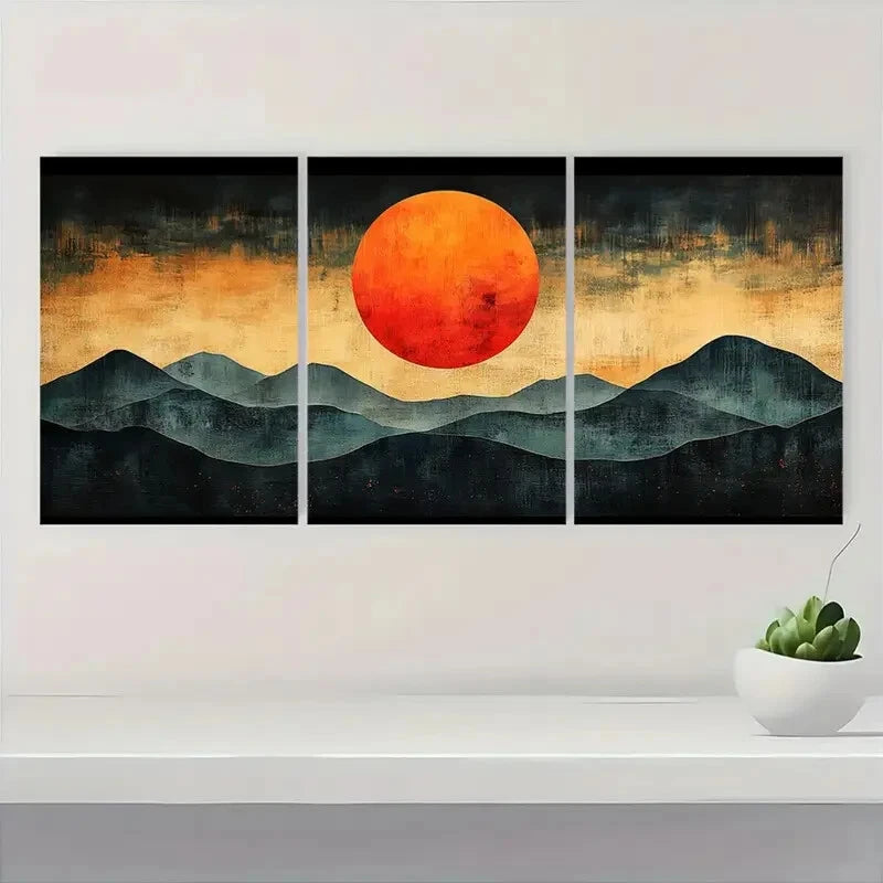 3pcs Century Orange Sun Abstract Illustrations Metal Print Ready to Hang Art