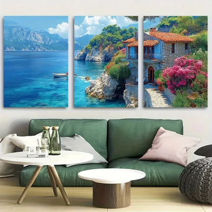 3pcs Mediterranean Coast Stone House & Sea View Metal Print Ready to Hang Art