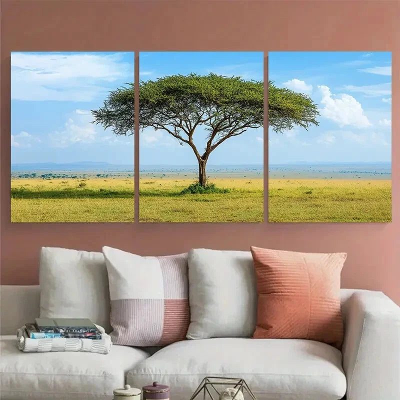 3pcs Serengeti Africa Safari Acacia Trees Wildlife Metal Print Ready to Hang Art