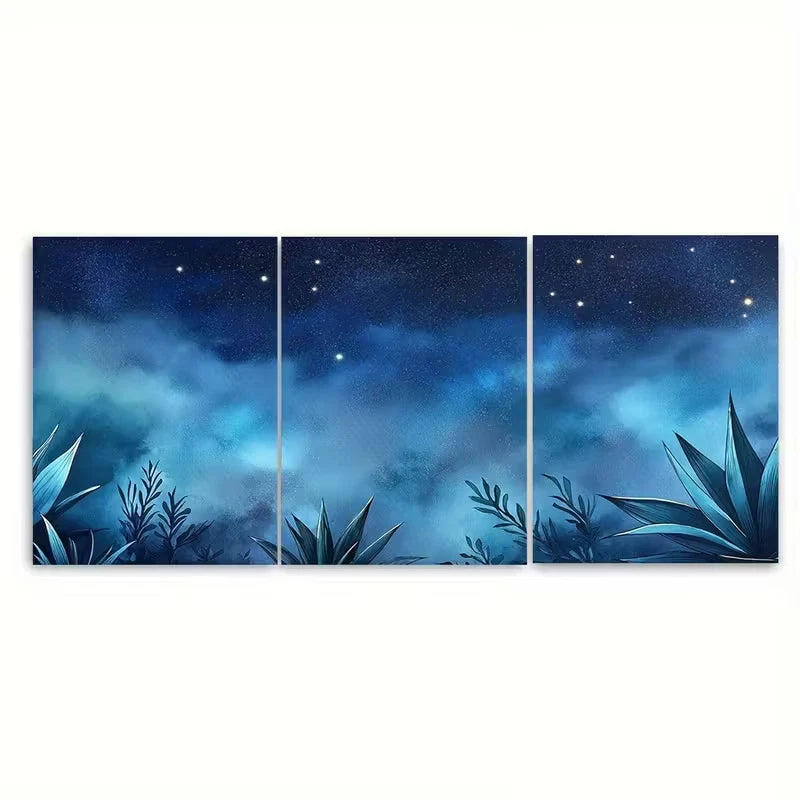 3pcs Agave Plants Under Starlit Sky Metal Print Ready to Hang Art